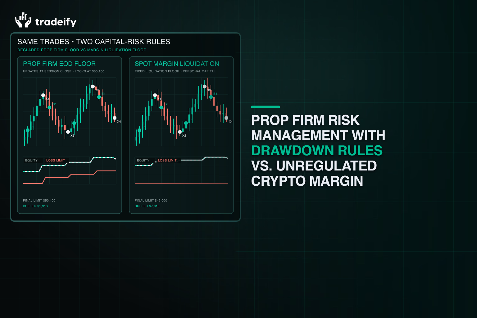 Validated same-trades comparison of an end-of-day prop firm loss floor and a fixed crypto margin liquidation floor