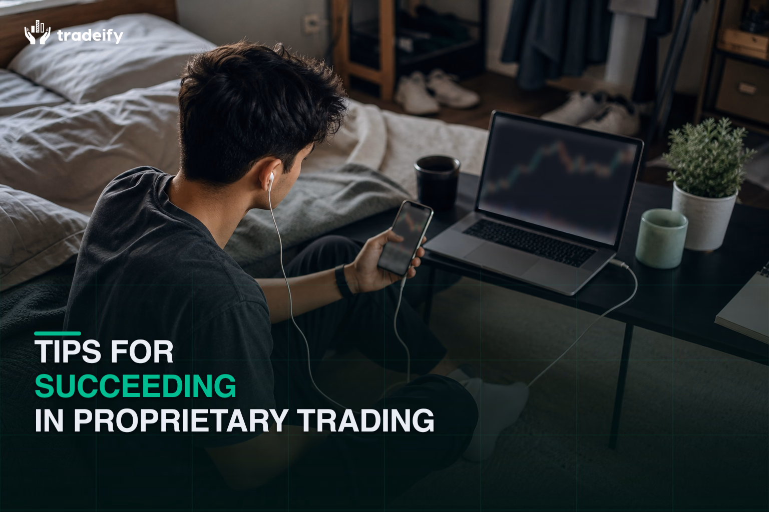Focused young trader practicing a balanced phone-and-laptop review routine while seated beside a bed in a lived-in room