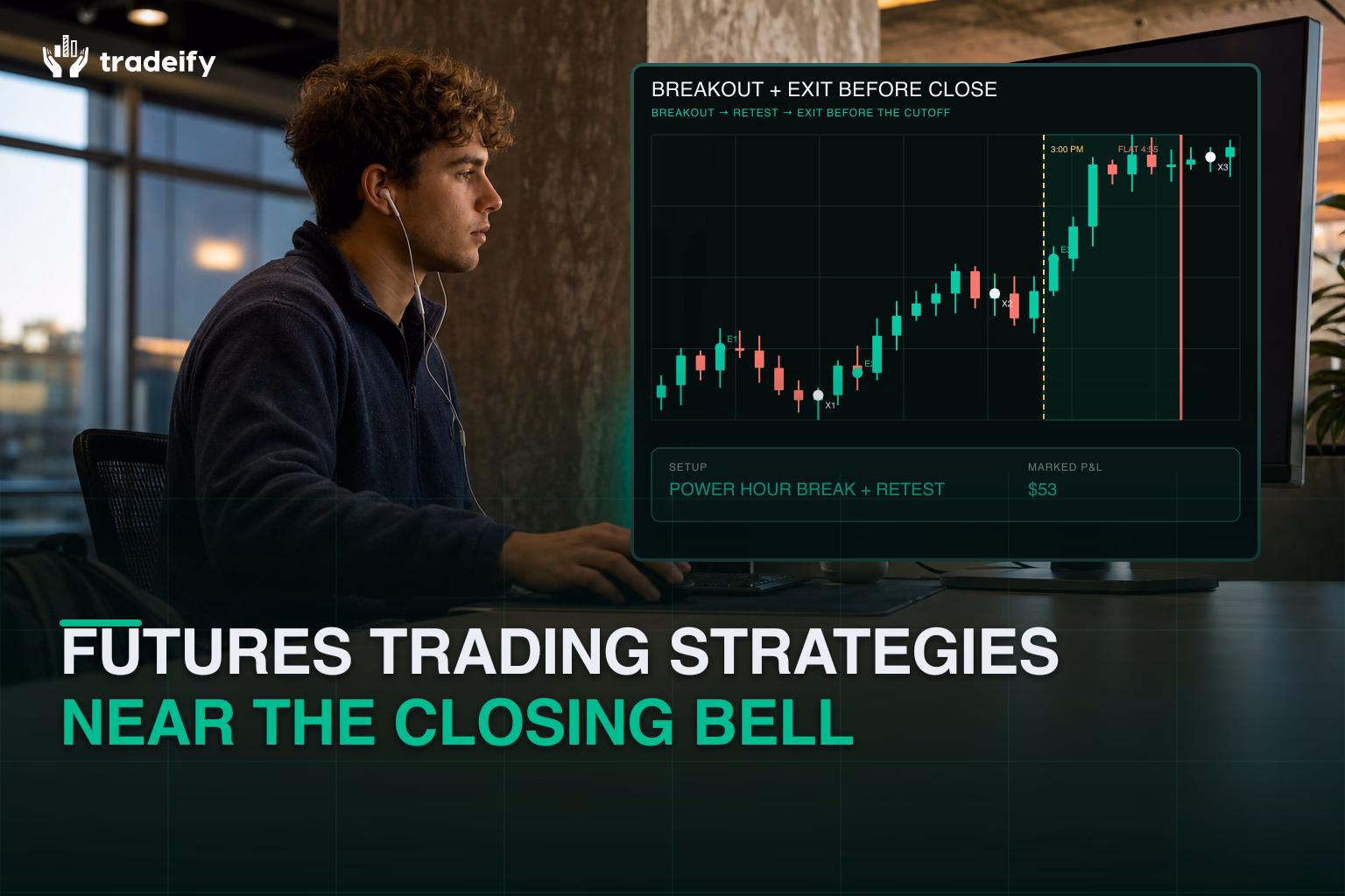 Young trader executing a validated Power Hour breakout and exit plan before the closing cutoff from a contemporary coworking space