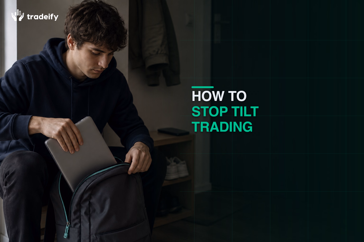 Young trader placing a closed laptop in a backpack beside a quiet apartment entryway to stop tilt trading