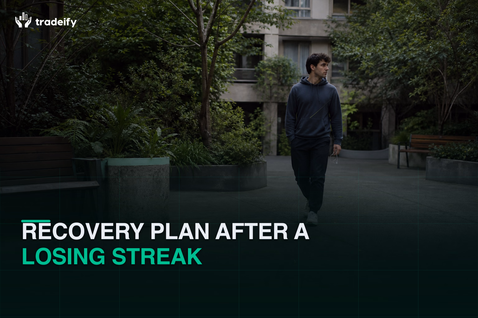 Young trader taking a calm phone-free walk through a shaded neighborhood courtyard after a losing streak