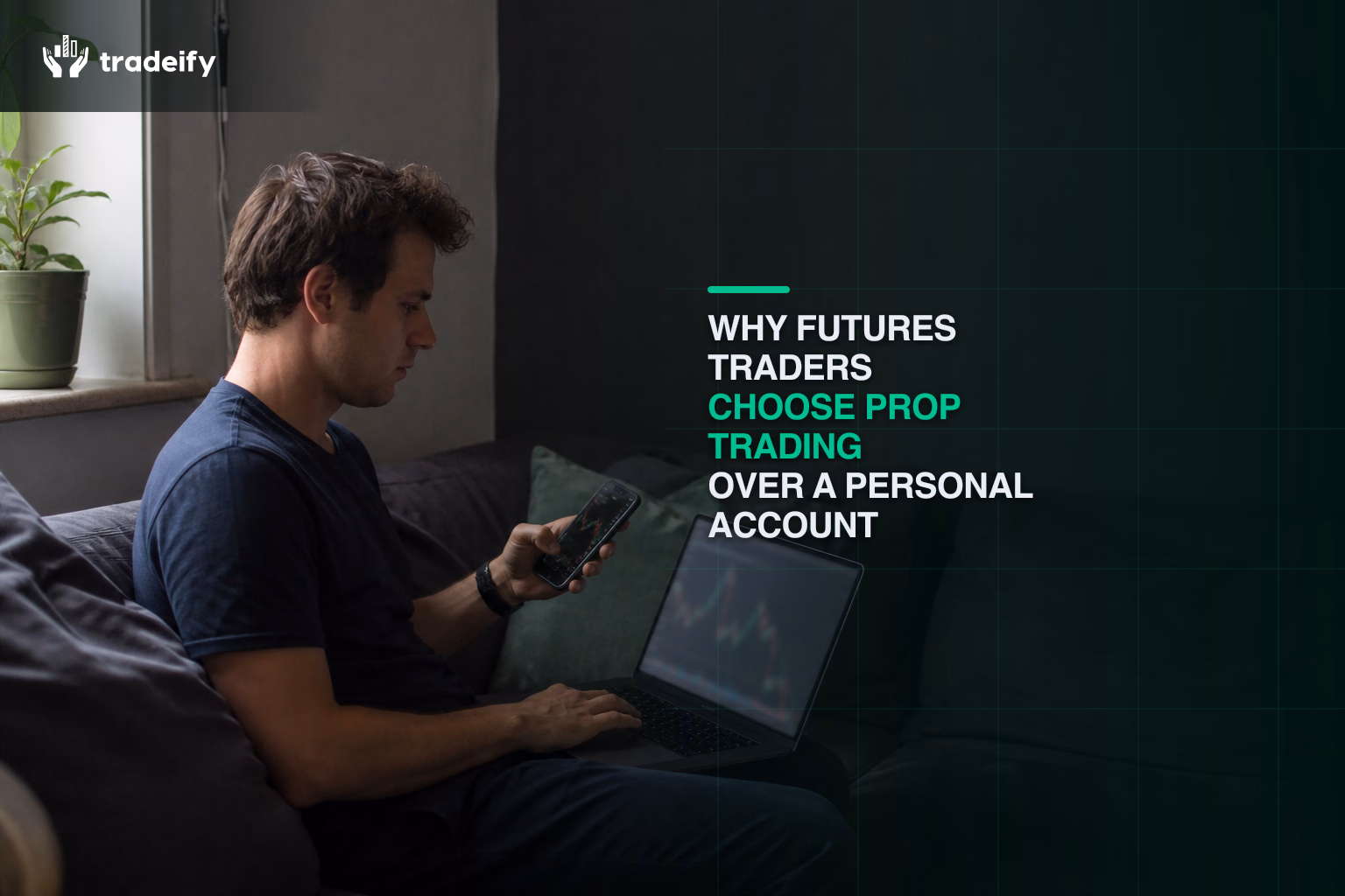 Young futures trader comparing capital paths from a lived-in apartment sofa with softly defocused devices