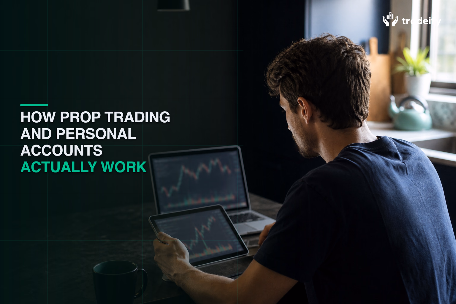 Young trader comparing a laptop and tablet workflow at a casual kitchen island with no readable screen content