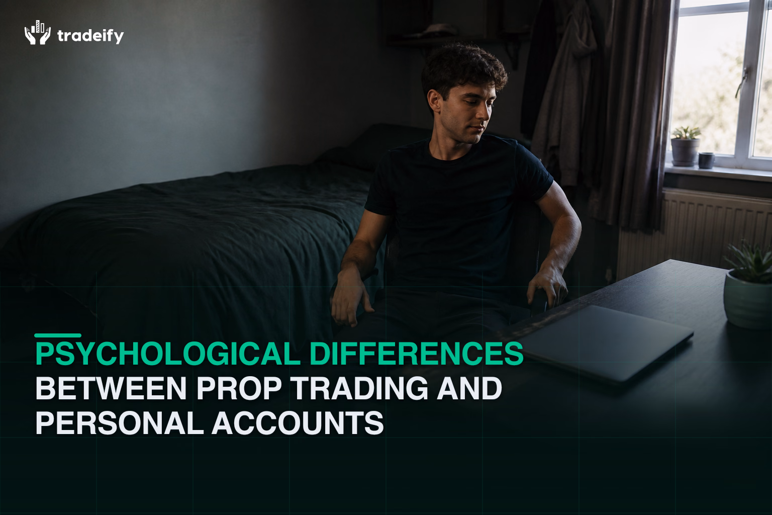 Young trader stepping back calmly from a closed laptop in a modest bedroom after a trading session