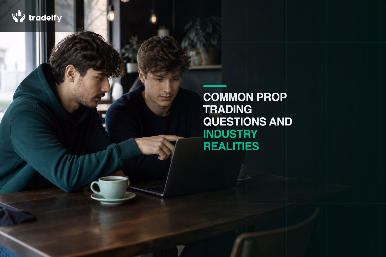 Two young traders discussing practical prop-trading questions in a neighborhood cafe with softly defocused devices