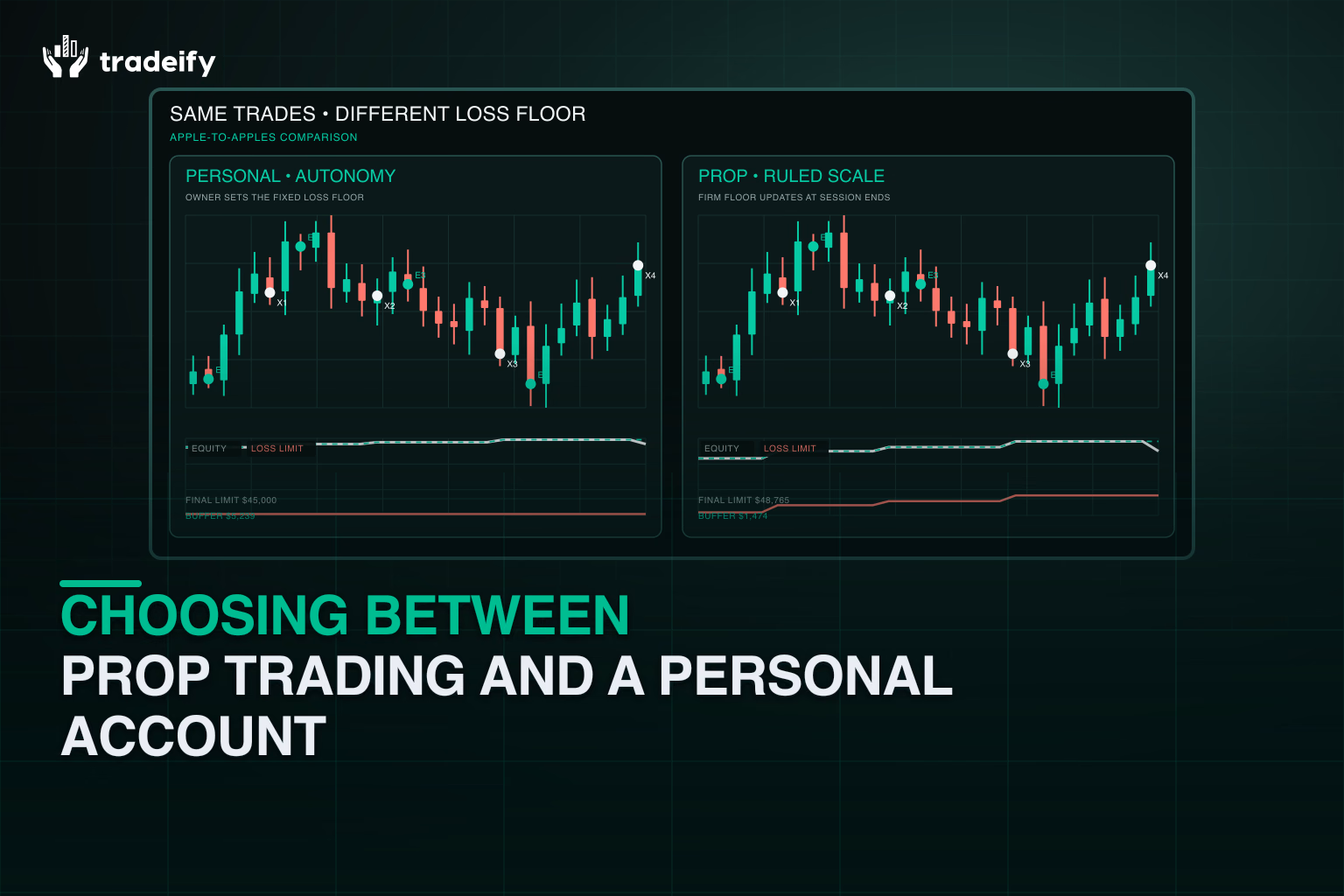 Validated same-trades decision comparison contrasting personal-account autonomy with prop-firm ruled scaling