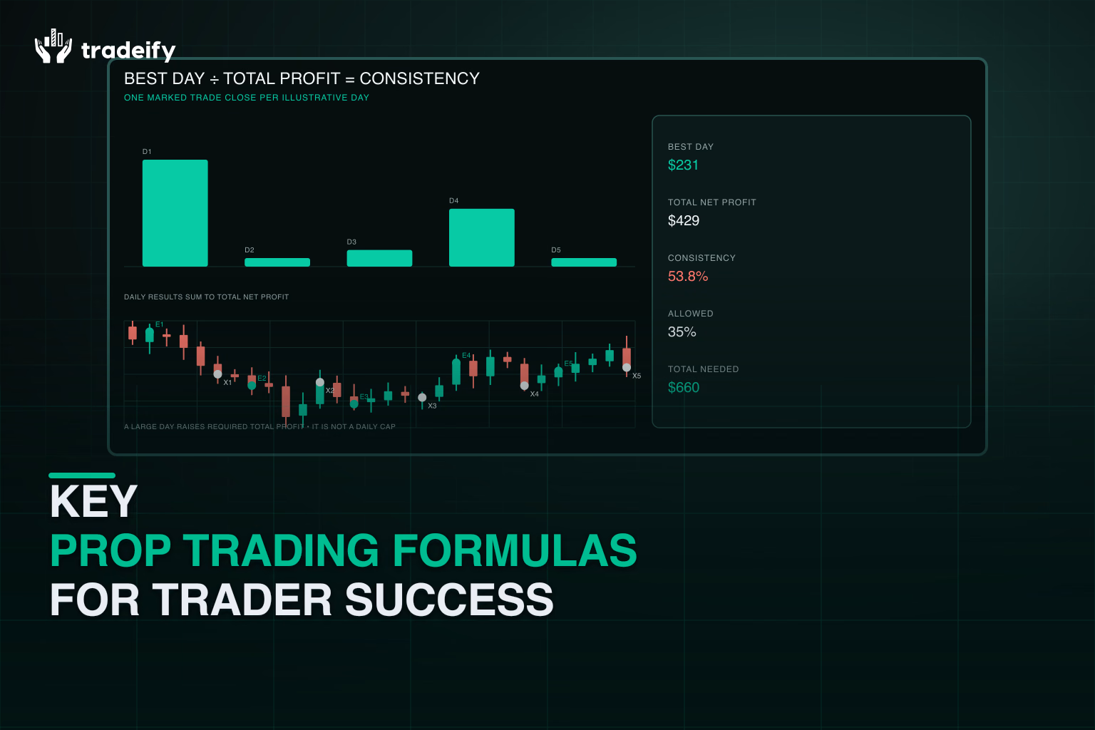Validated consistency calculation using marked trade results, best day, total profit, threshold, and required total