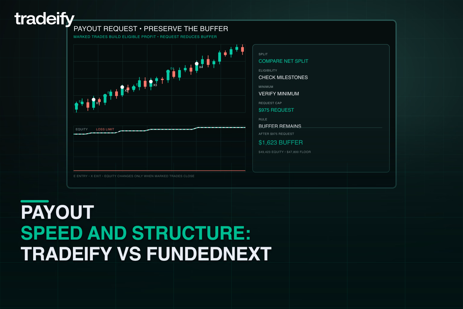 Validated payout request path connecting realized trades, request amount, loss floor, and remaining buffer
