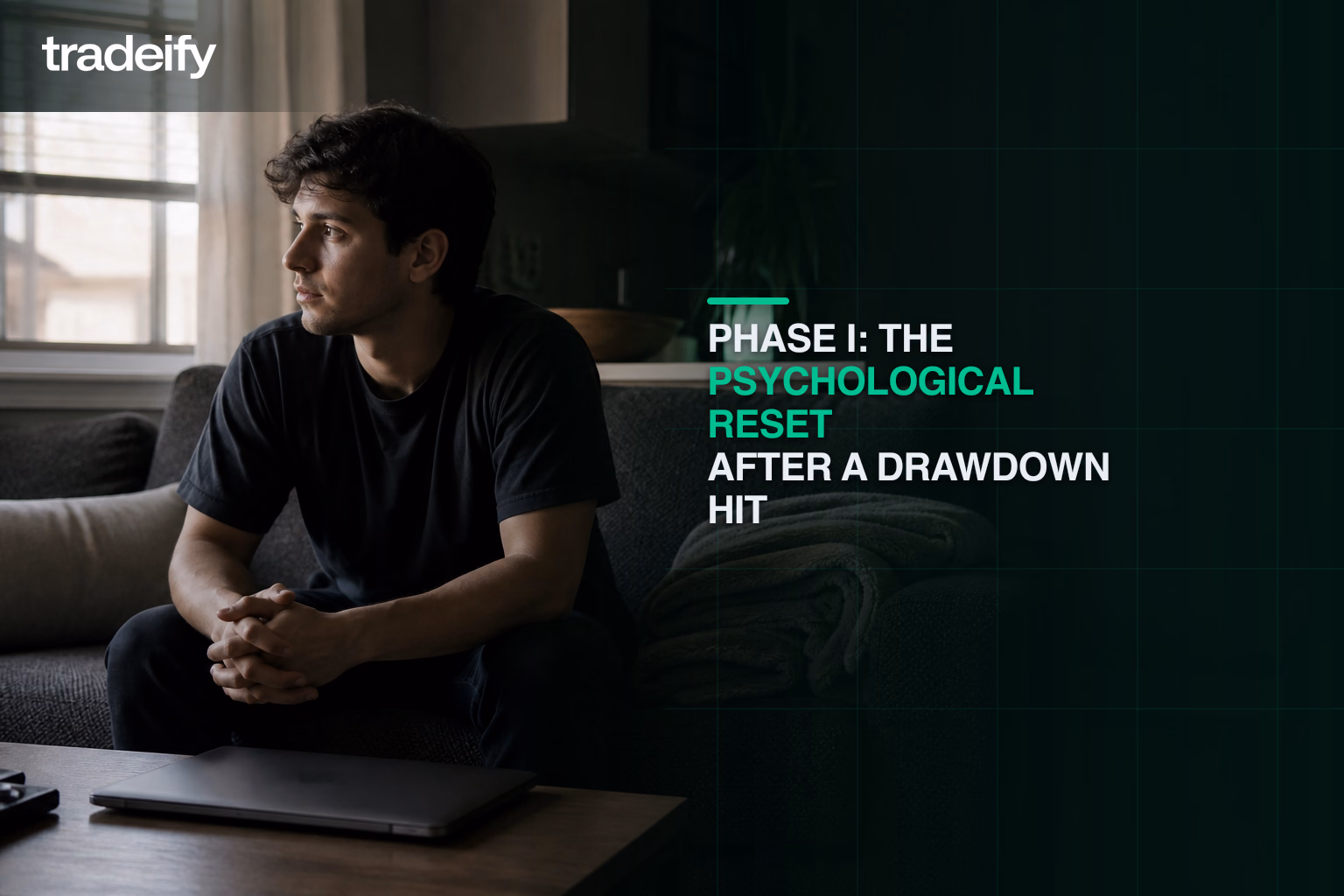 Young futures trader taking a screen-free reset beside a closed laptop in a lived-in apartment