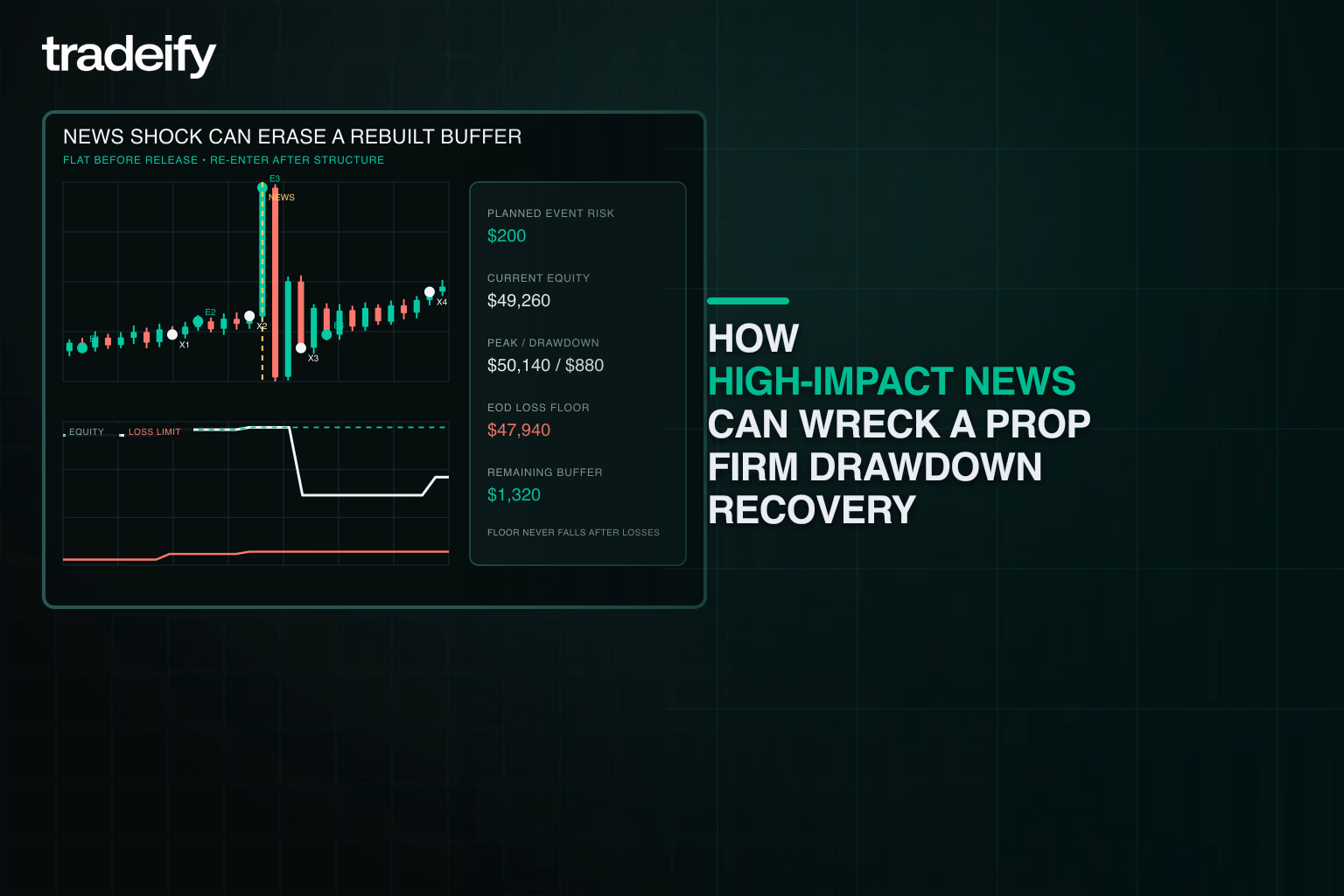 Validated price and equity path showing a scheduled news shock consuming recovery buffer