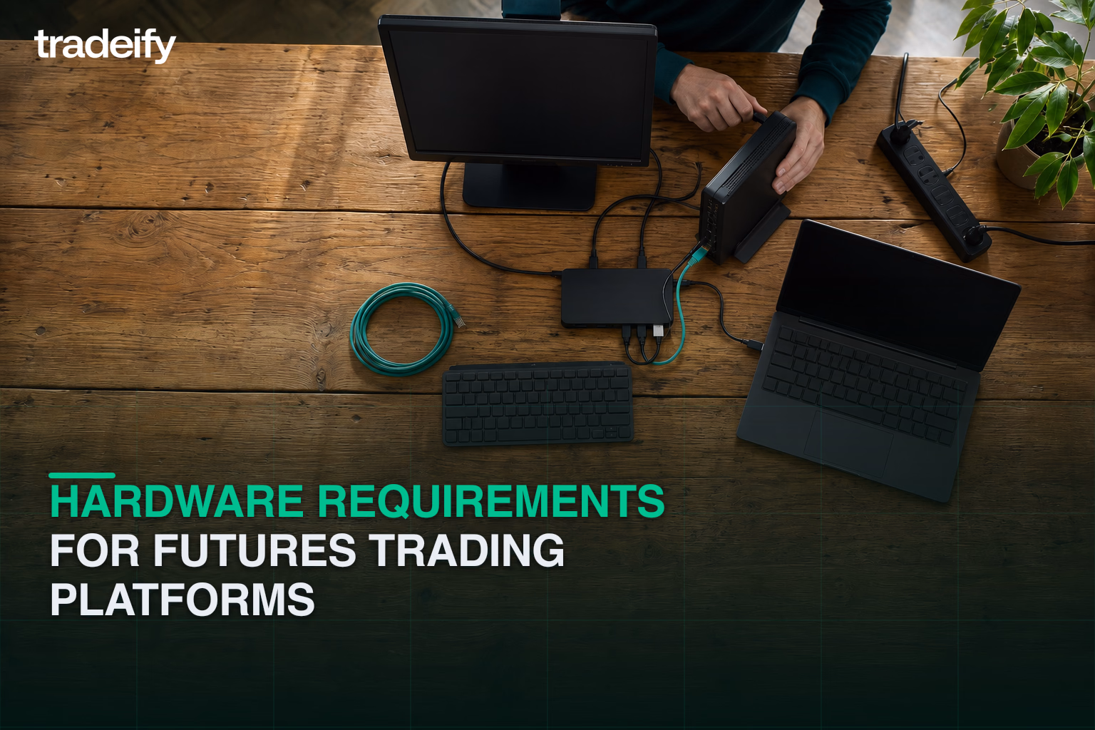 Practical futures platform hardware kit with blank screens, desktop, dock, keyboard, and ethernet