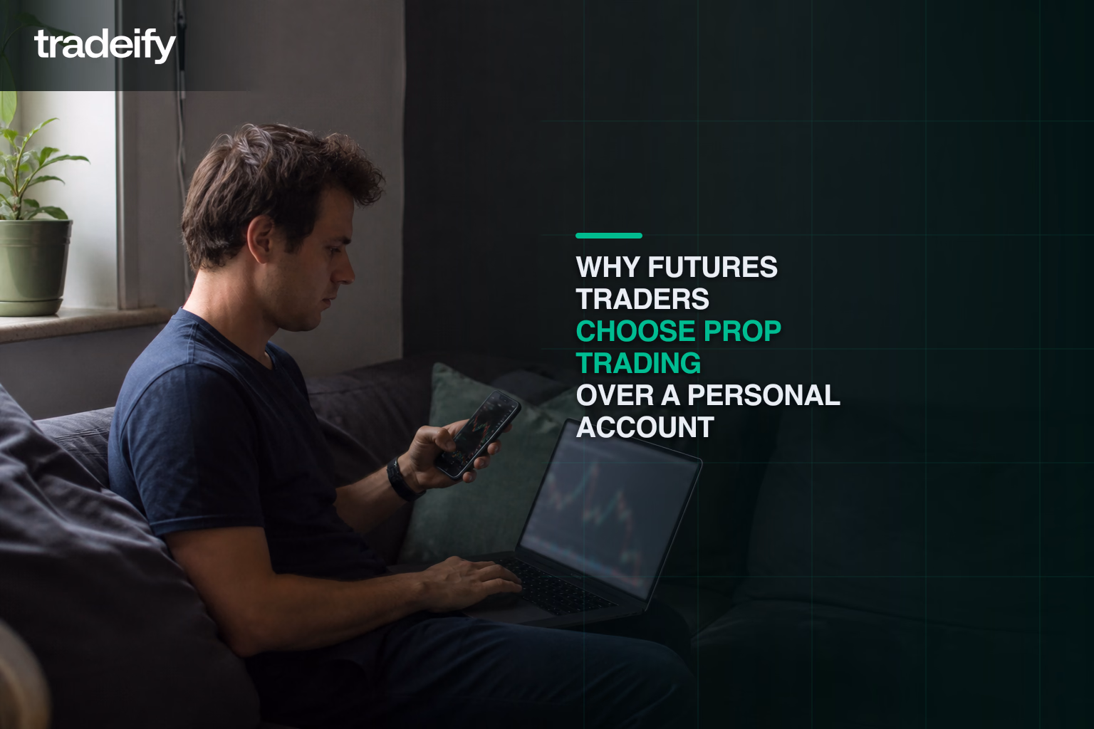 Young futures trader comparing capital paths from a lived-in apartment sofa with softly defocused devices