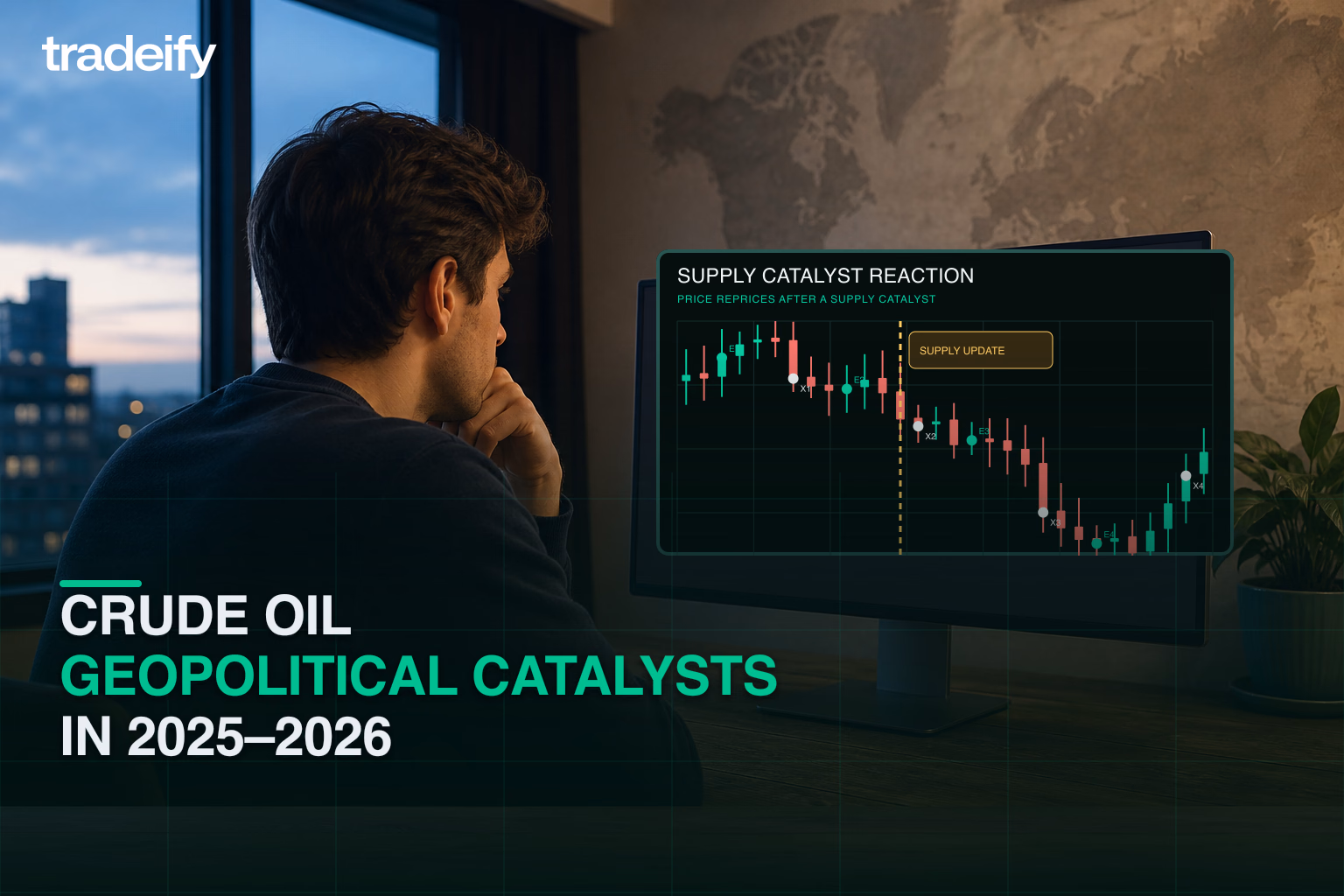 Crude oil supply-shock reaction beside a trader checking a generic market-news feed