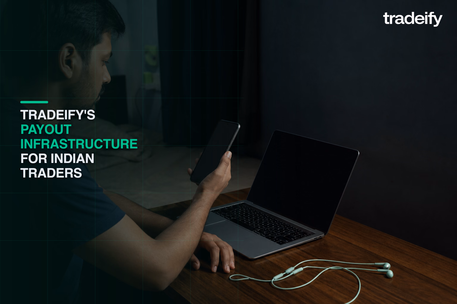 Indian trader reviewing a generic cross-border payout transfer on a phone in a modest bedroom workspace