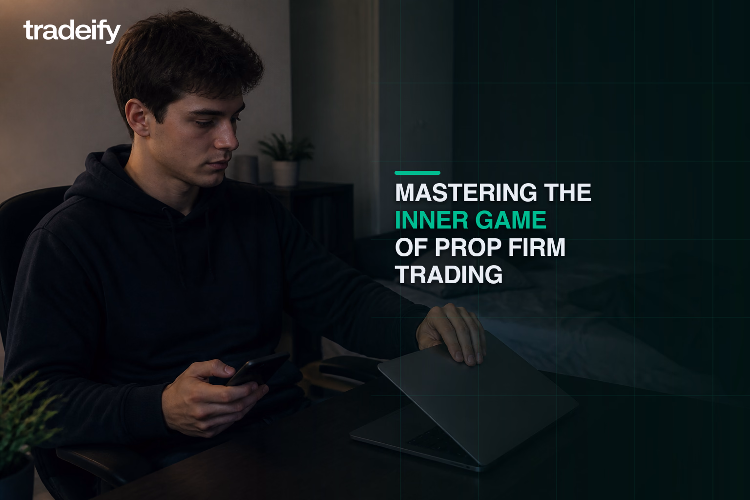 Calm funded trader reviewing a simple routine on a phone before closing a laptop for the evening