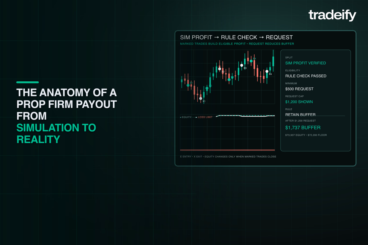 Verified payout progression from simulated profit through rules review to a request that keeps usable loss buffer