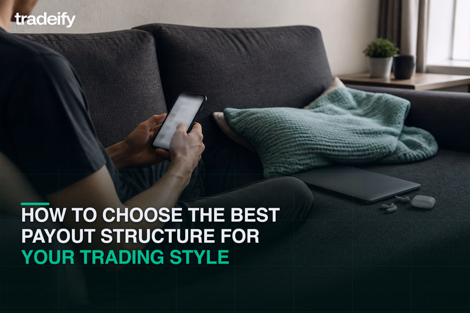 Phone-first trader choosing a payout rhythm from a modest apartment couch with a compact laptop nearby