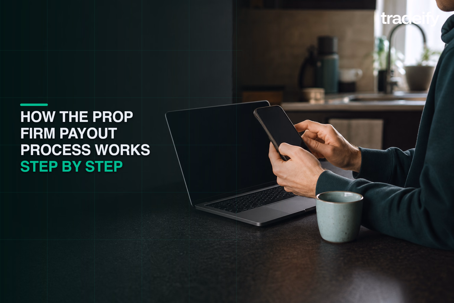 Trader moving from a laptop eligibility check to a phone payout request at a lived-in kitchen counter