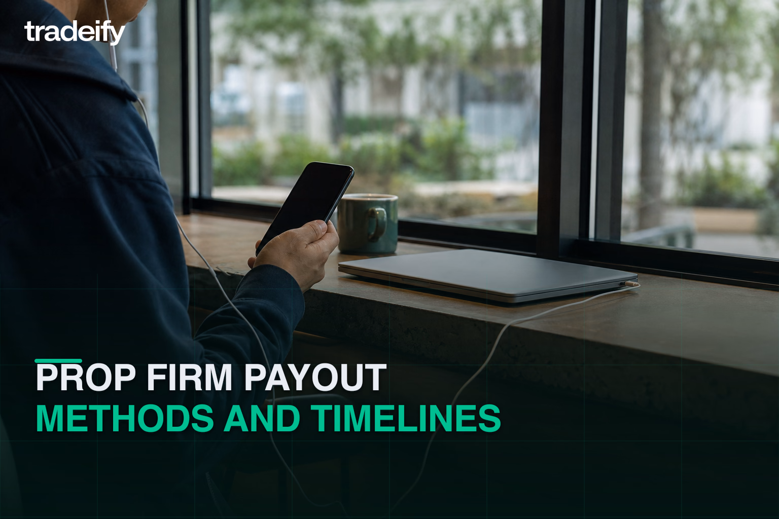 Phone-first trader checking a payout transfer timeline beside a closed laptop at a quiet cafe window seat