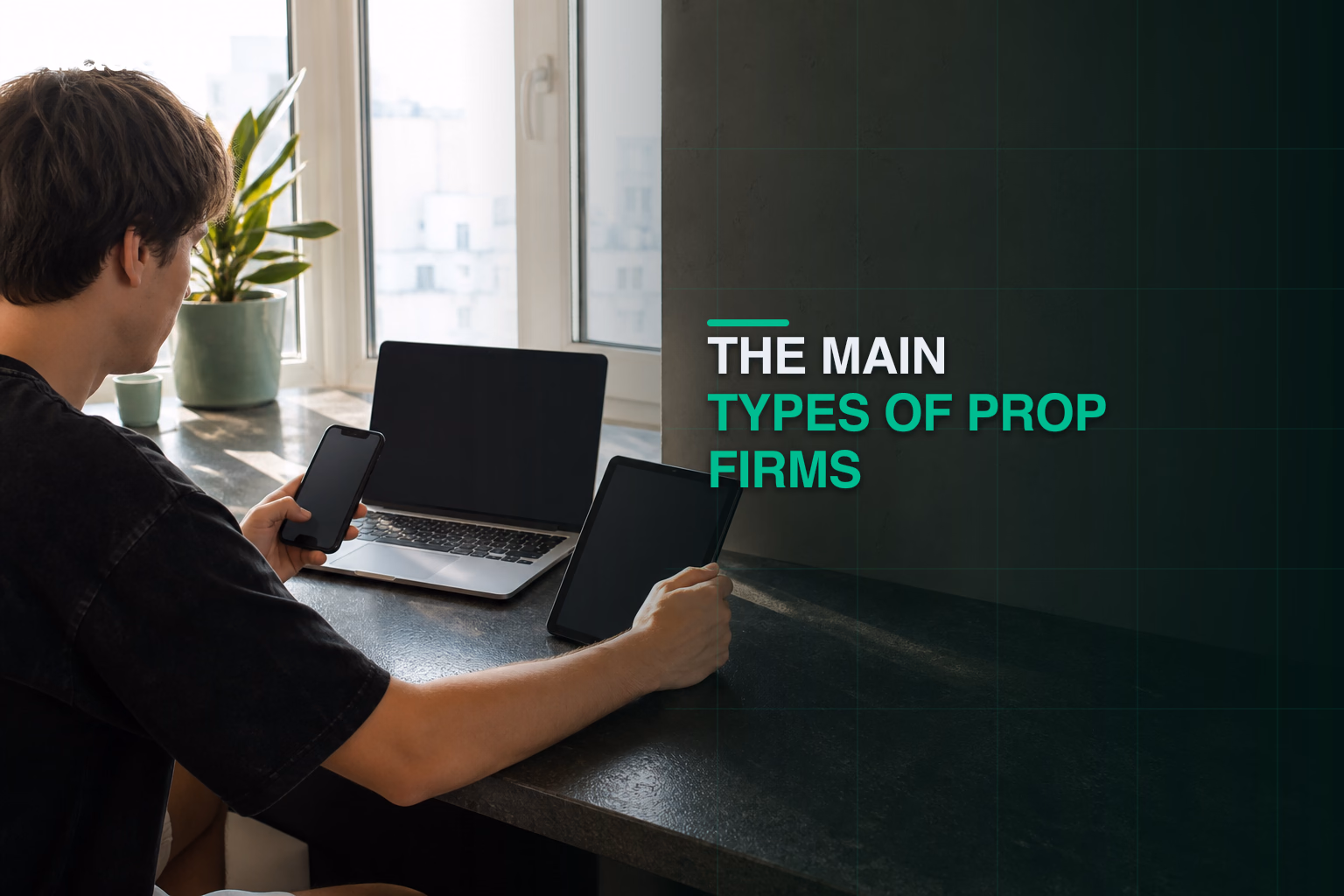 Trader comparing prop firm categories across a phone laptop and tablet at a sunny window counter
