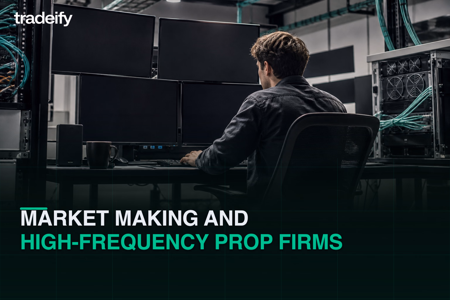 Young quantitative trader checking dark blank monitors beside compact server hardware in a coworking lab