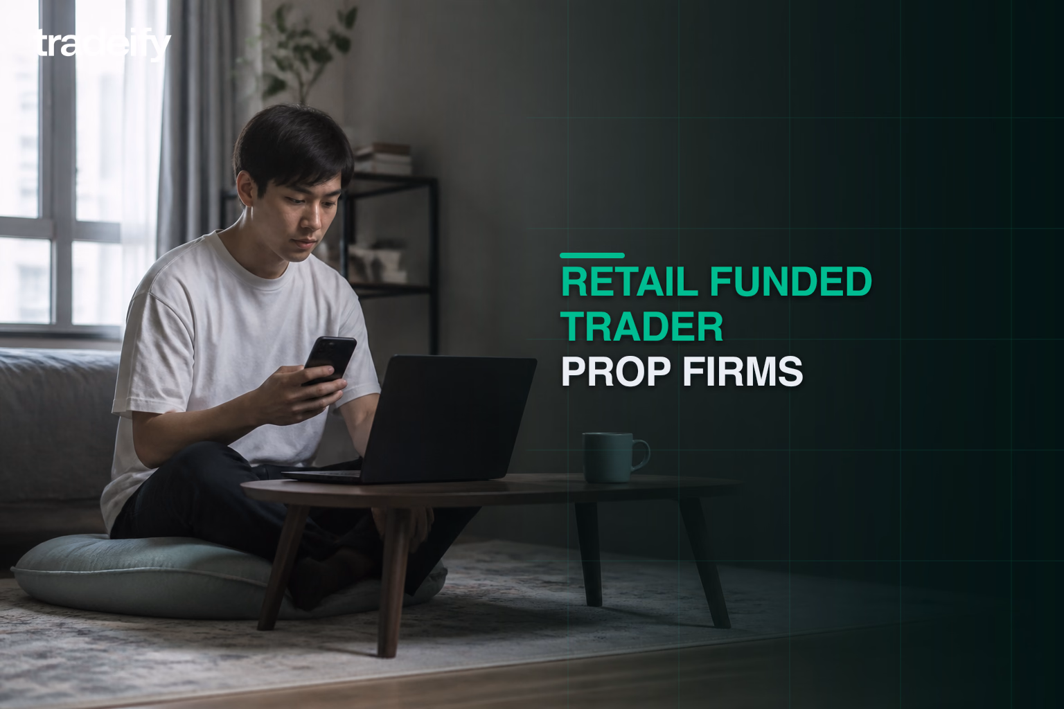Retail funded trader using a laptop and phone from a lived-in studio apartment floor cushion