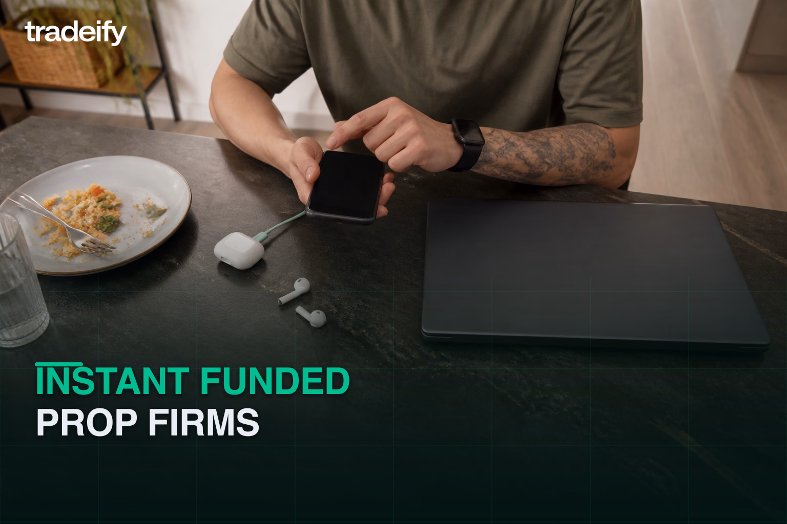 Phone-first trader reviewing an instant funded account path at a compact breakfast bar