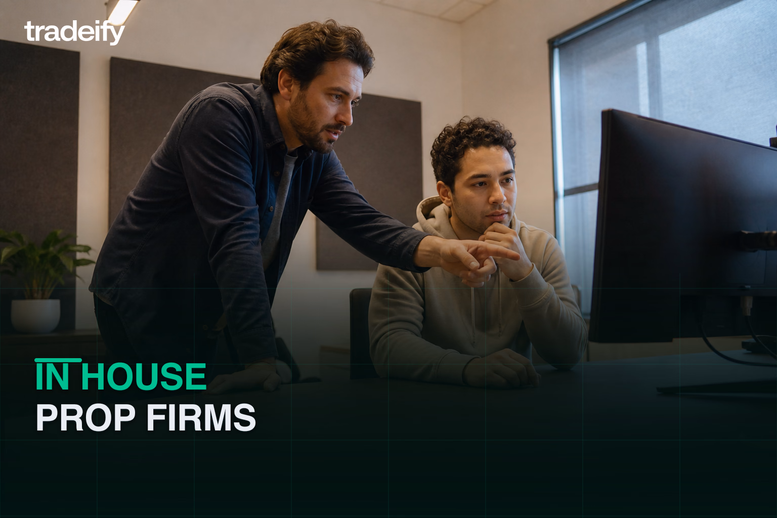 Mentor and junior trader reviewing a process in a modest office training room