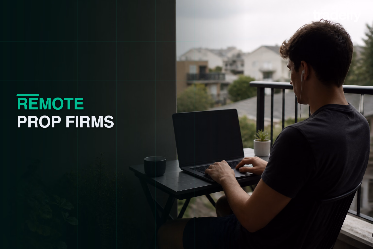 Remote trader using a laptop and earbuds at a shaded apartment balcony table