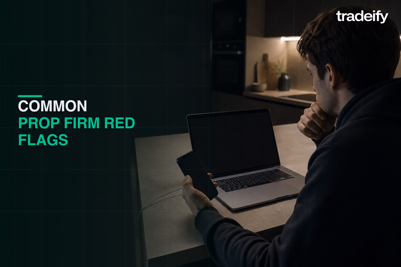 Cautious trader double-checking unclear account terms on a laptop and phone at night