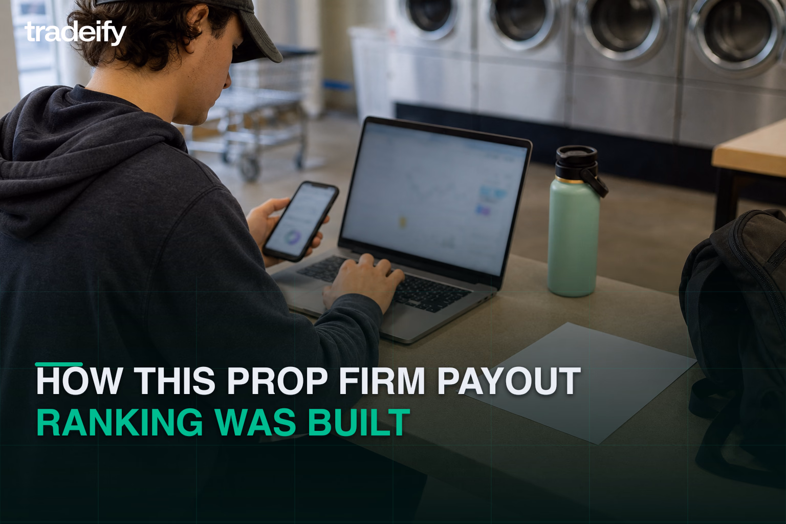 Researcher cross-checking public payout evidence and methodology at a casual laundromat work table