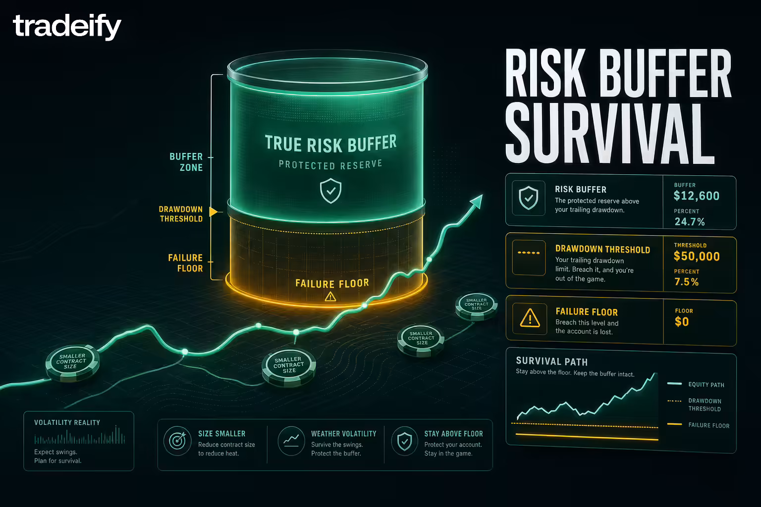 Protected risk buffer zone above a glowing drawdown floor with small contract sizing chips and a survival path