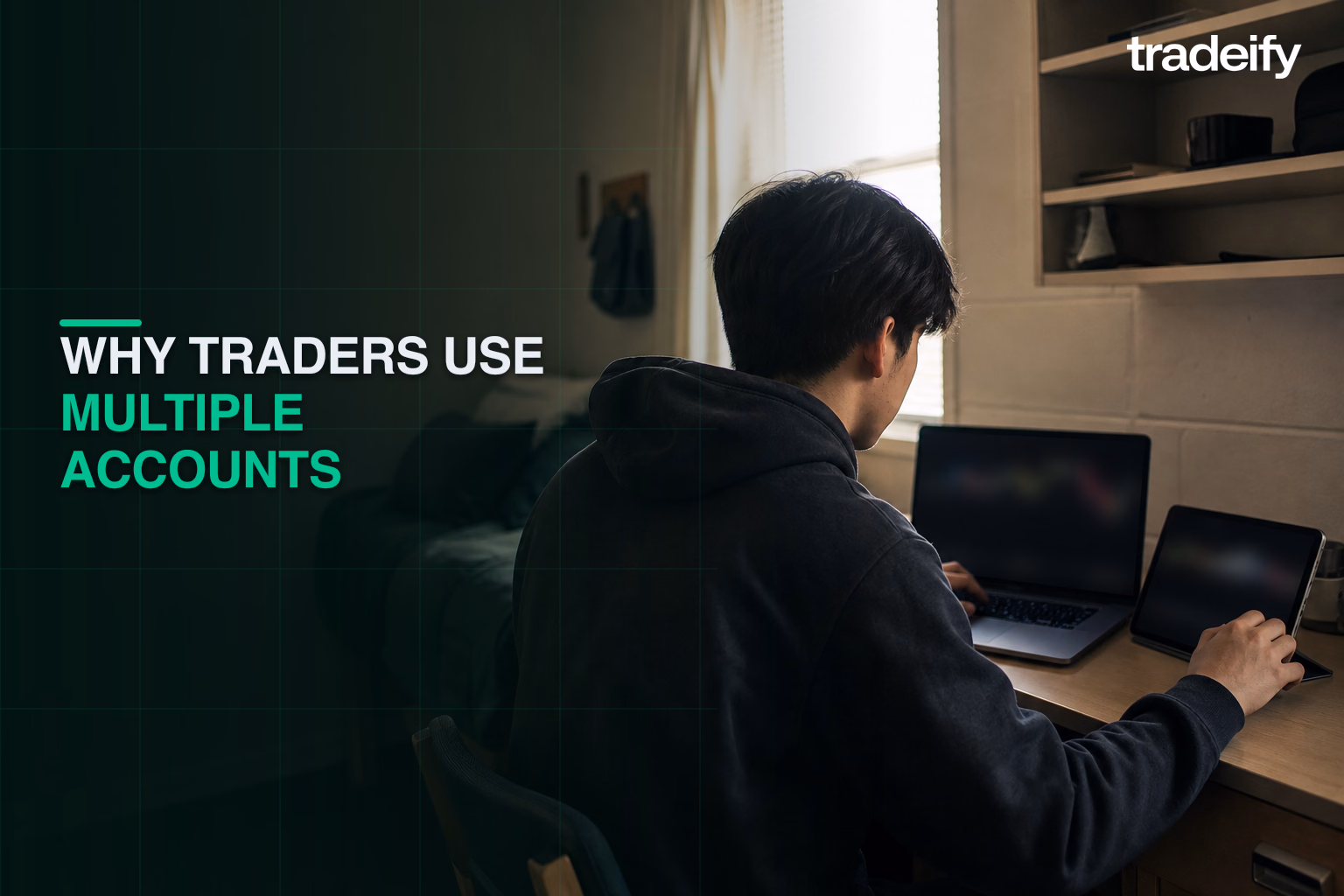 Young trader using a laptop and tablet from a lived-in dorm room to manage a consistent multi-account workflow