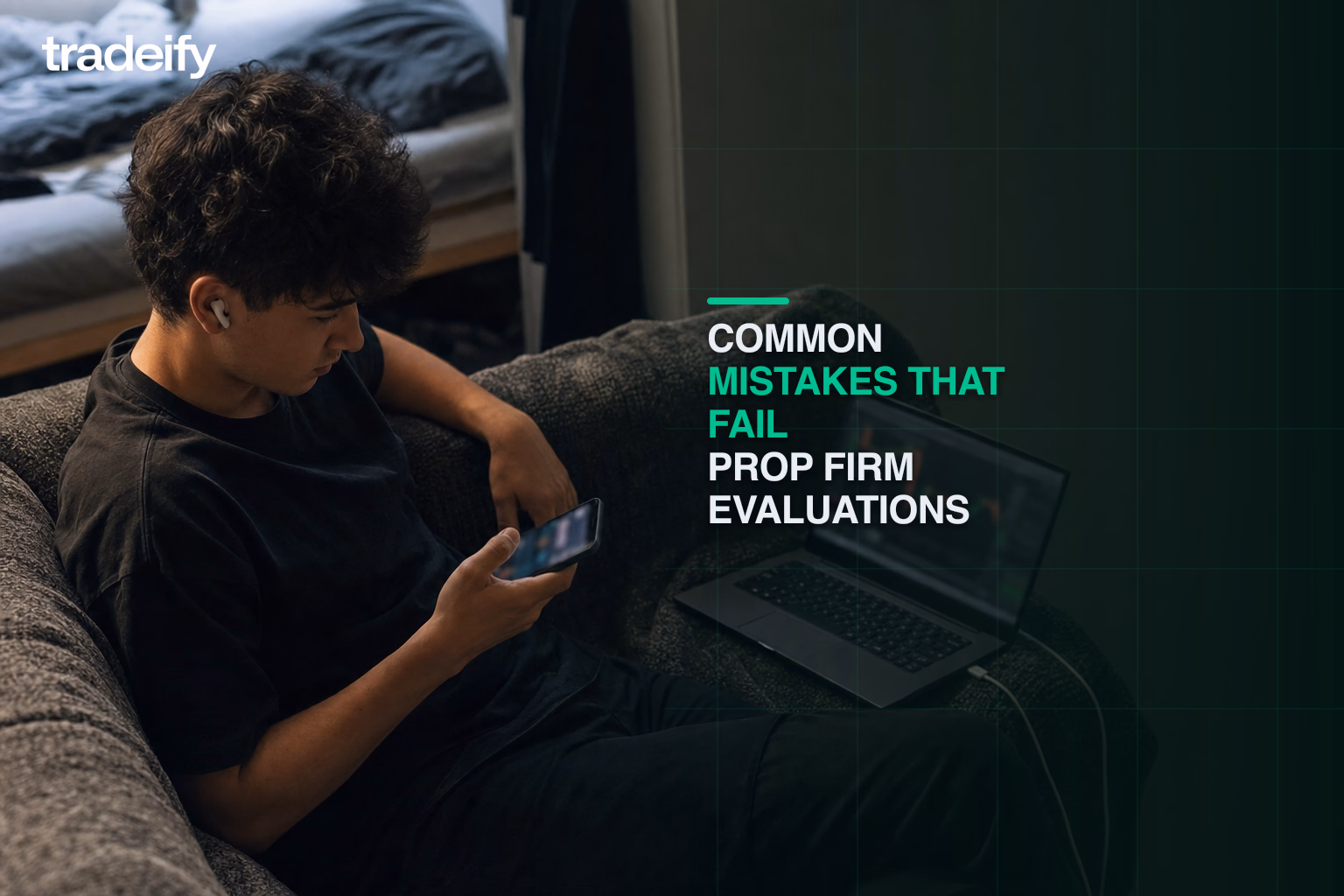 Distracted trader breaking evaluation discipline by switching between an impulsive phone check and an unfinished laptop session