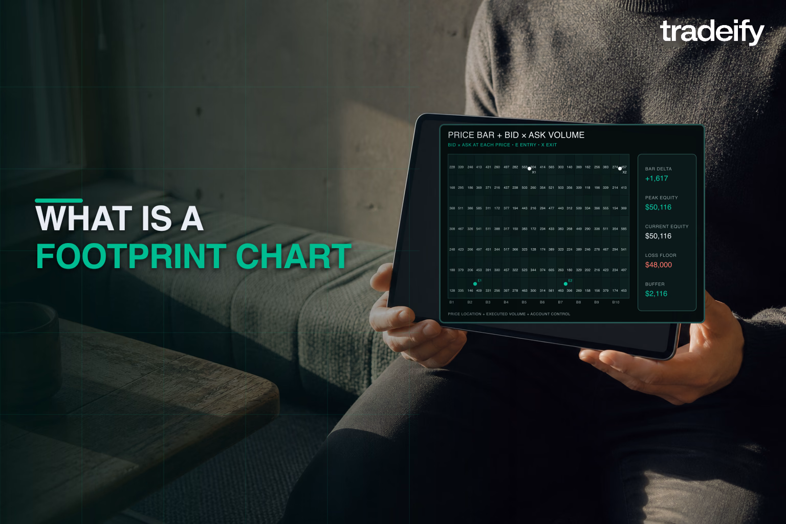 Beginner trader comparing executed bid and ask volume inside real price bars on a tablet