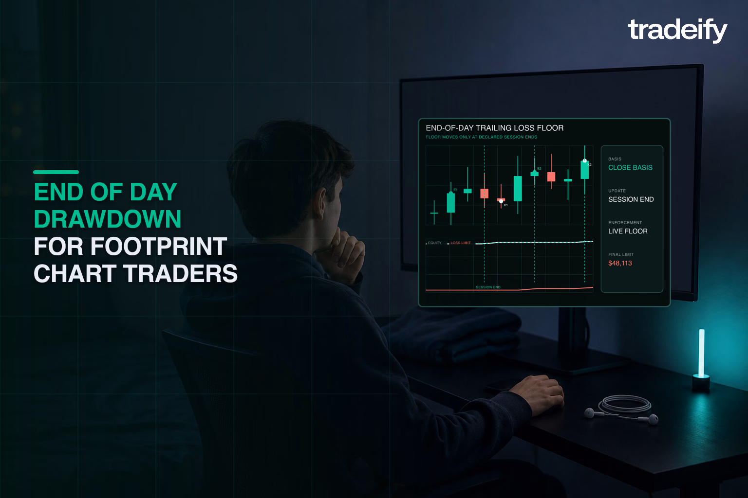Trader reviewing a calculated end-of-day equity curve and trailing loss floor on a blank monitor