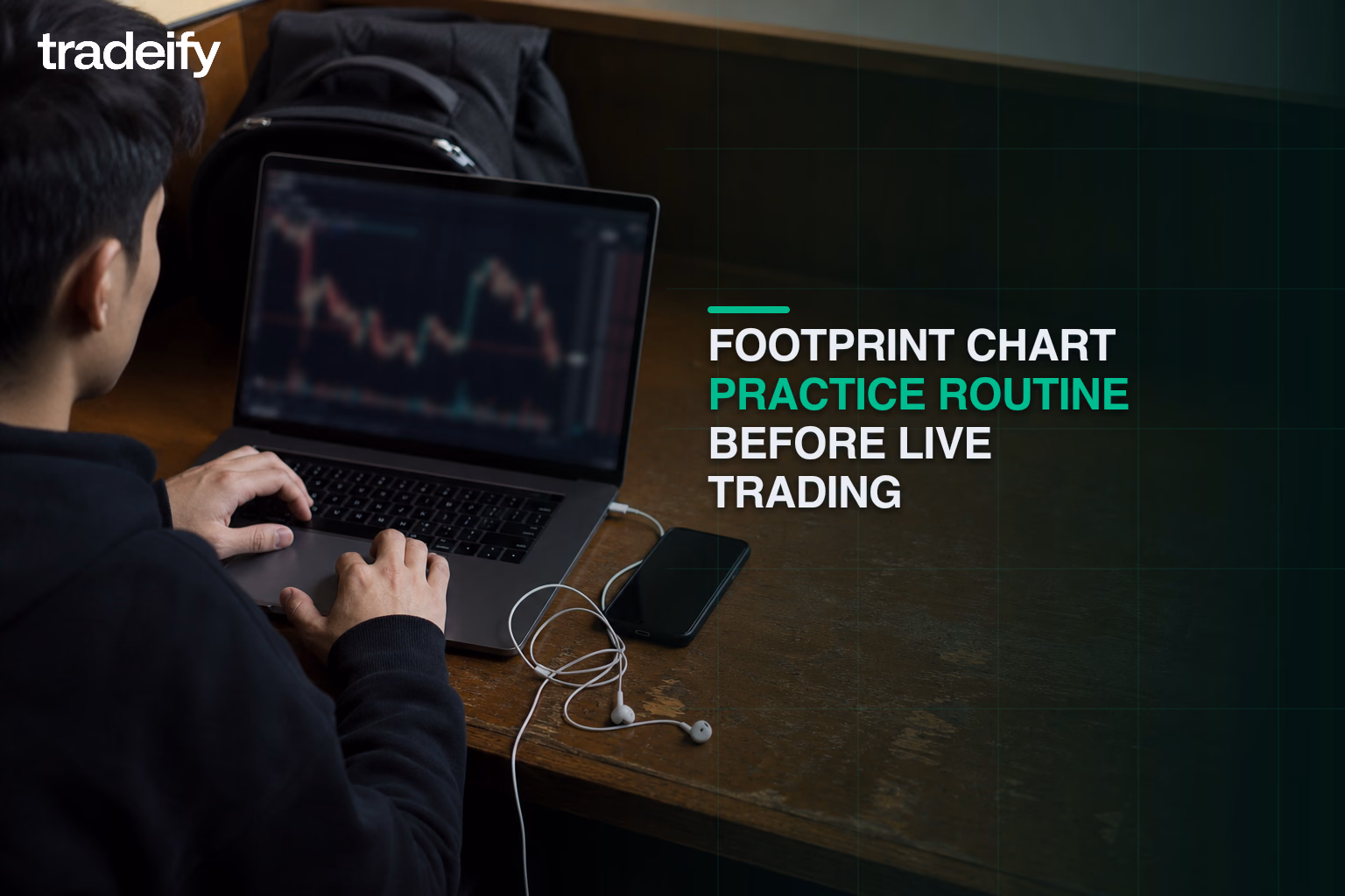 Young trader practicing market replay on softly defocused generic charts in a campus library study booth