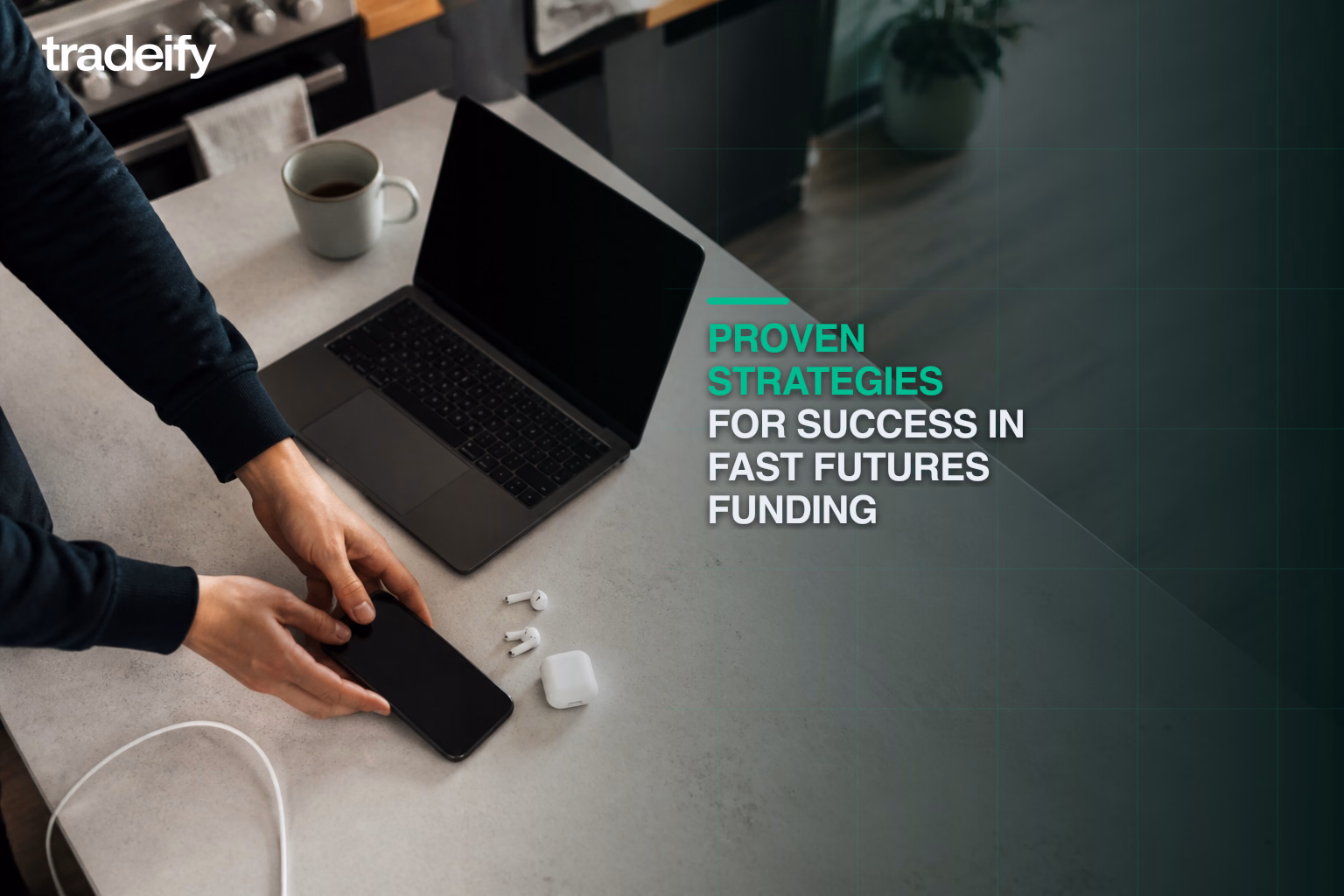Disciplined young trader preparing a phone and laptop before a fast futures funding session