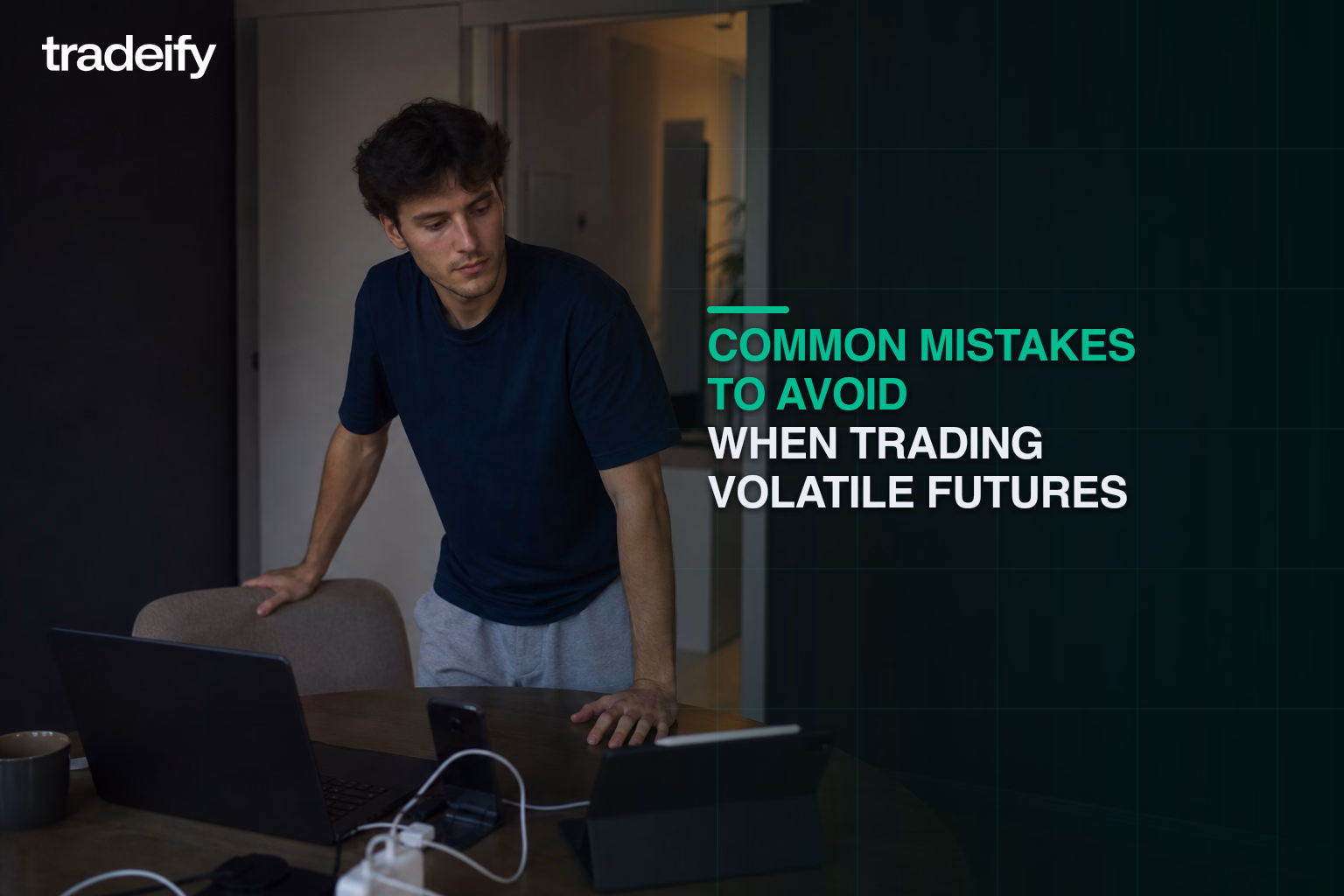 Young trader stepping back from an overextended multi-device setup after a volatile futures session