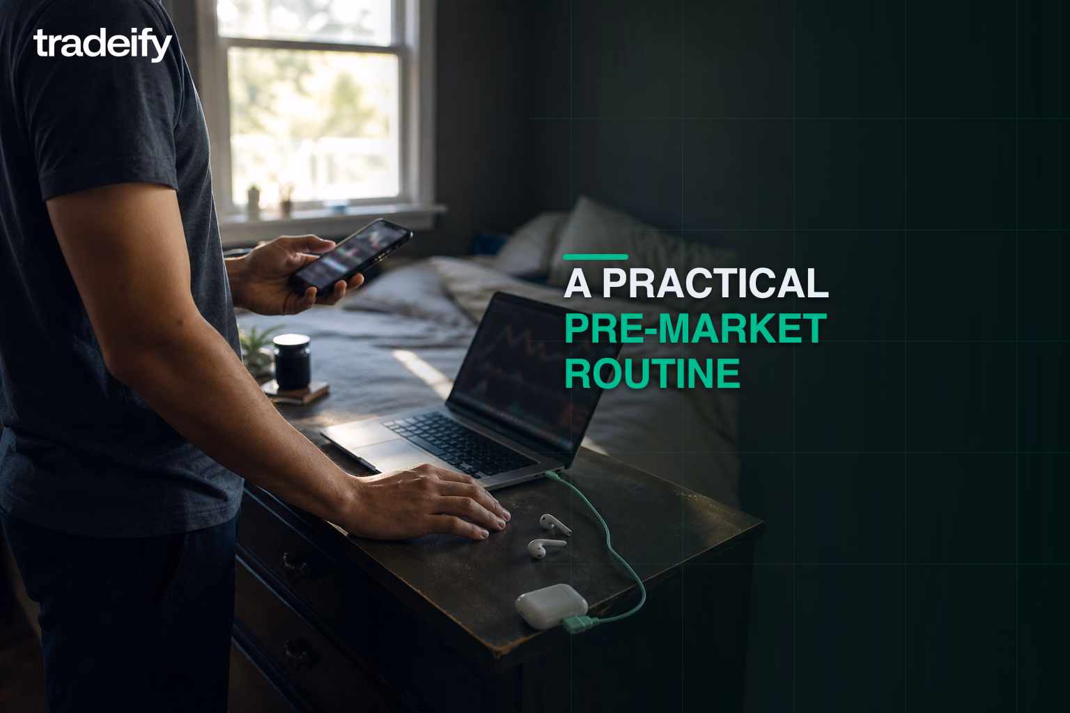 Young trader preparing a phone, laptop, earbuds, and charging cable for a calm pre-market routine
