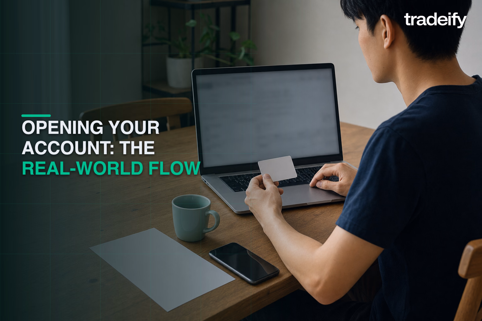 Young beginner completing a futures account application with identity documents at a modest dining table