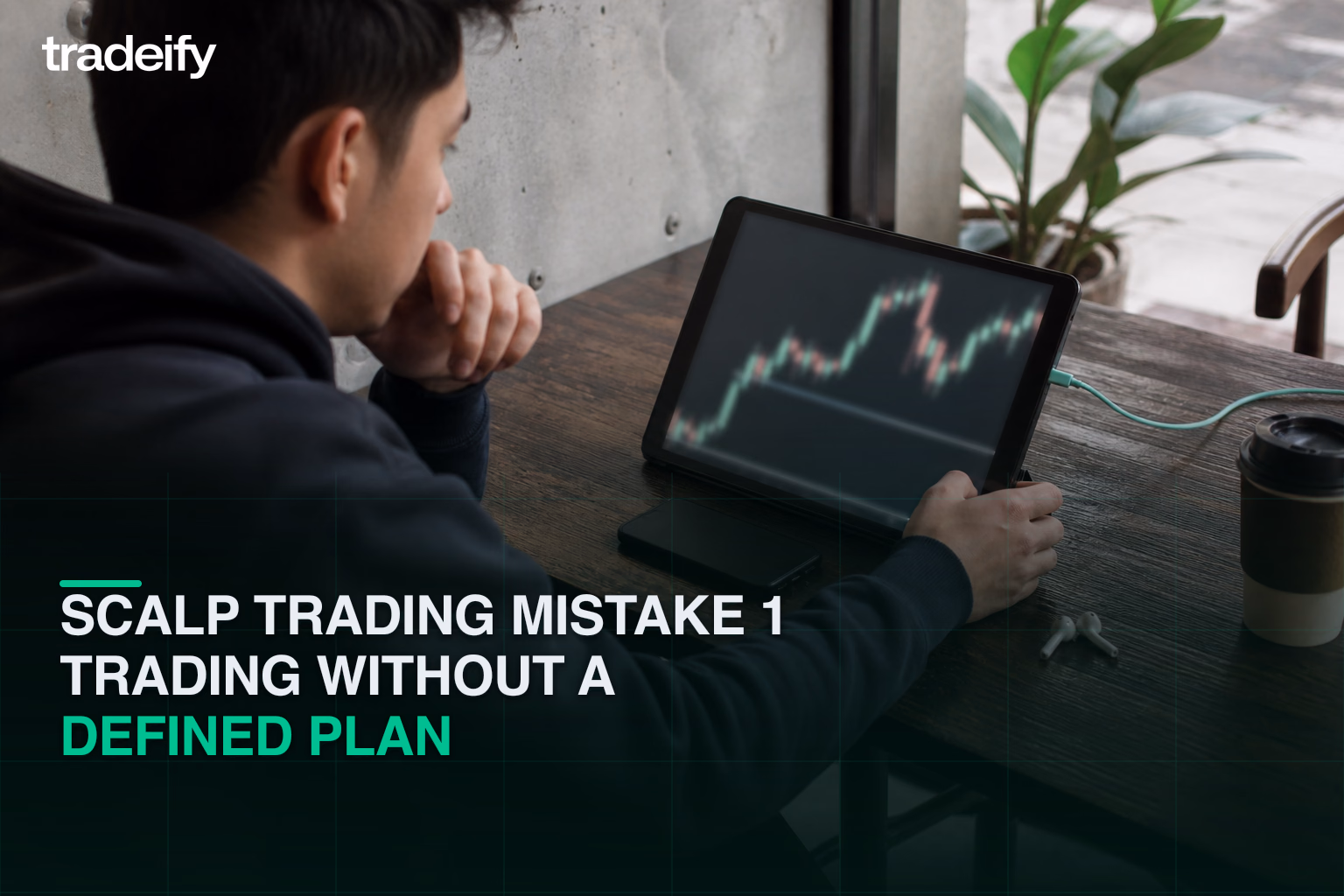 Young trader pausing before entry to review a simple scalp setup checklist on a blank tablet