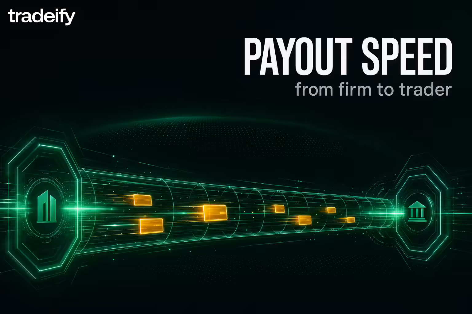 A horizontal mint-green data conduit carrying gold value packets at speed, illustrating fast cross-border prop firm payouts to Indian traders
