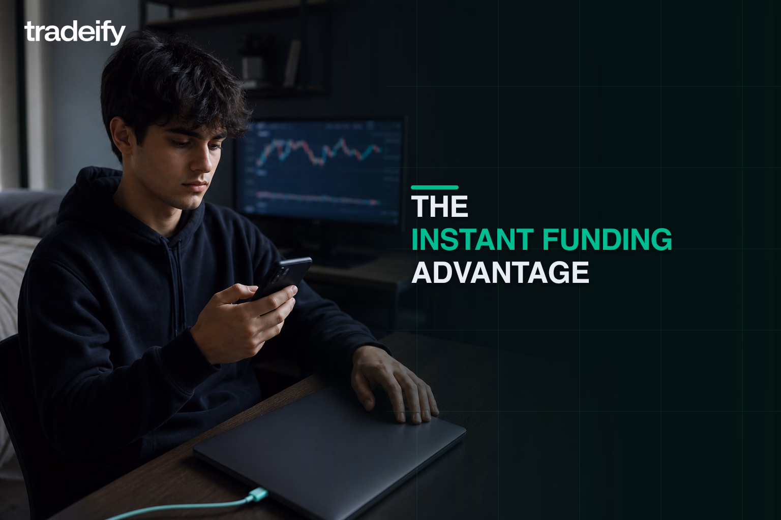 Phone-first futures trader reviewing a generic funding moment at a lived-in bedroom desk with no readable interface