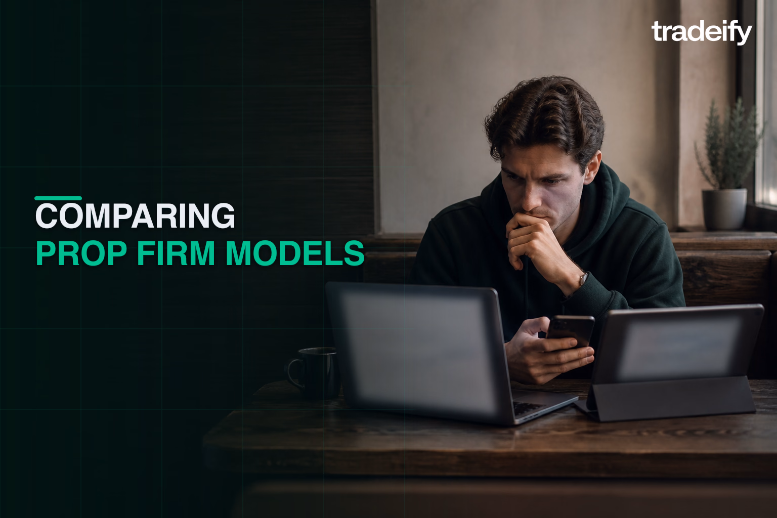 Young futures trader comparing funding models across a laptop, tablet, and phone at a coffee-shop booth