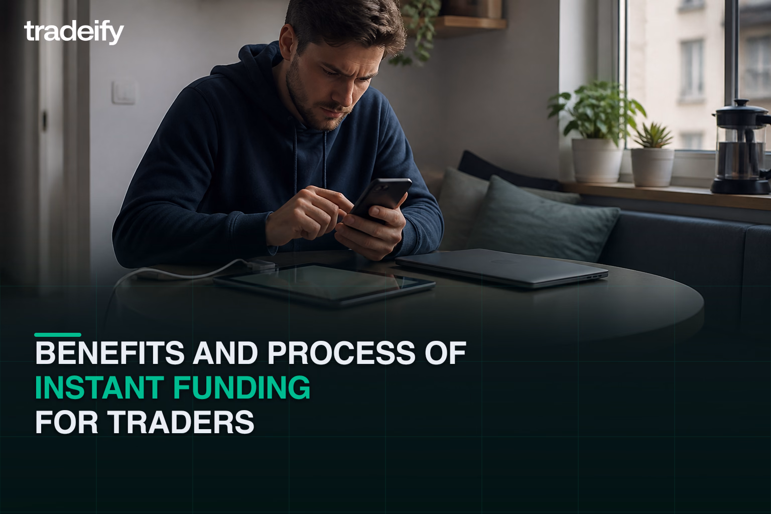 Phone-first commodity trader moving through a funding workflow at an apartment breakfast nook
