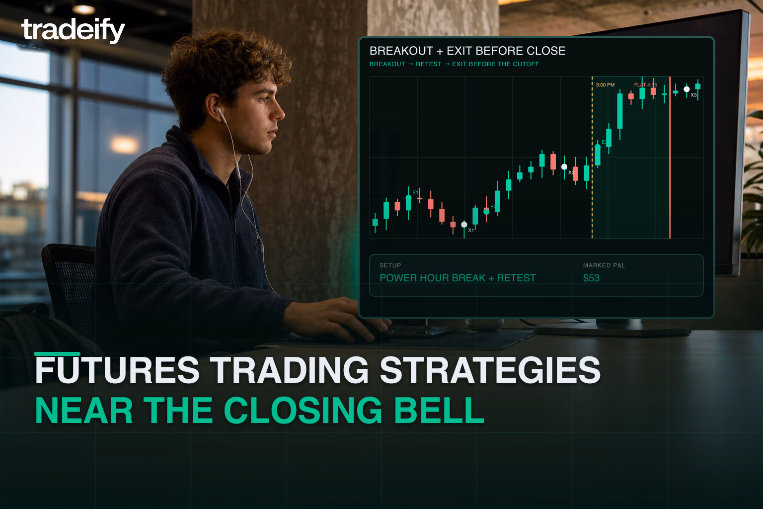 Young trader executing a validated Power Hour breakout and exit plan before the closing cutoff from a contemporary coworking space