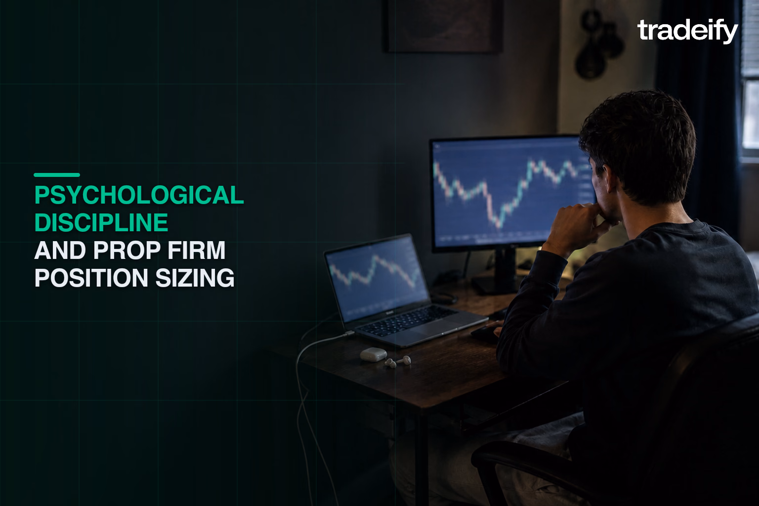 Young futures trader pausing before increasing contract size in a modest apartment trading setup