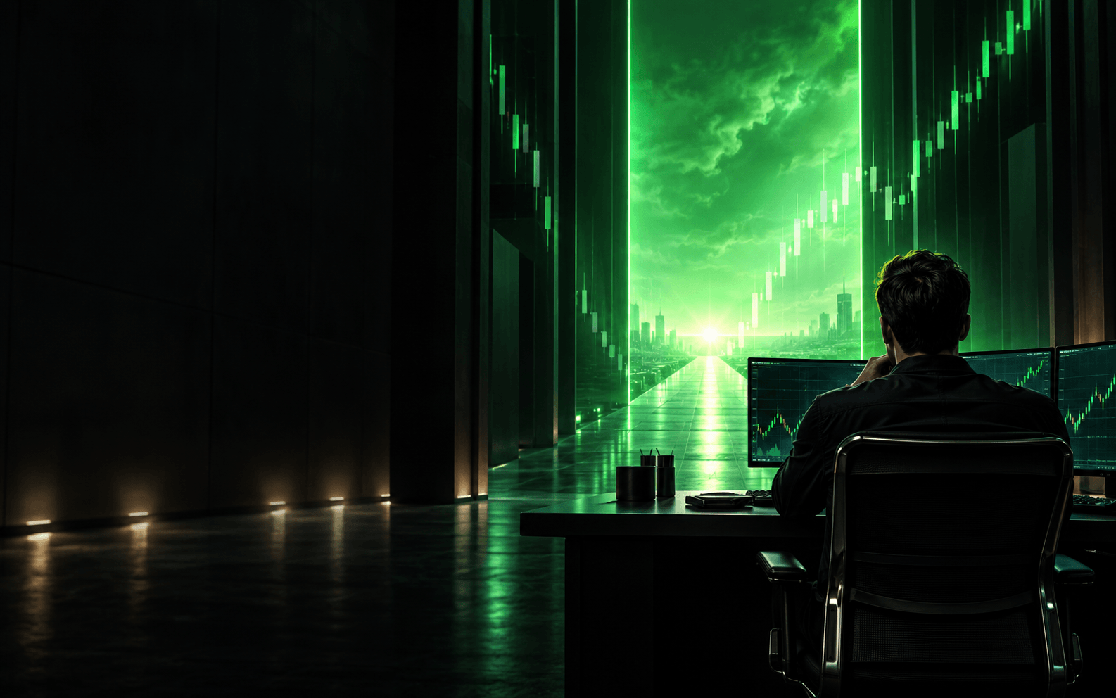 A trader facing an open green-lit market runway
