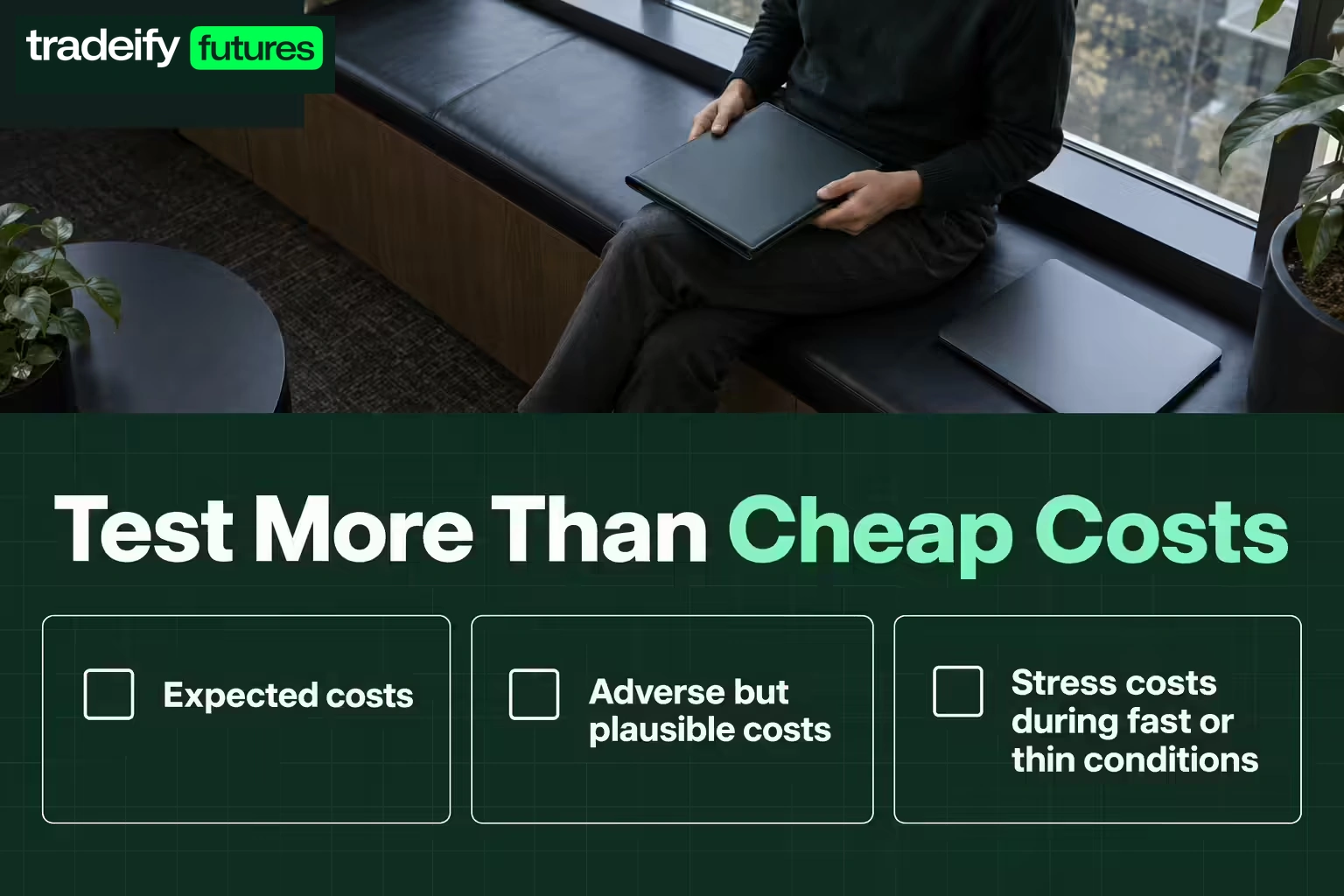 Three unchecked scenario cards call for expected costs, adverse but plausible costs, and stress costs during fast or thin conditions.